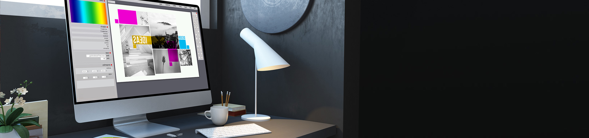 scrivania con lampada matite e schermo acceso